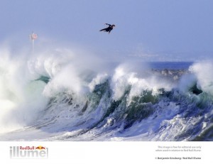 Surfer Bobby Okvist airs over a massive wave at the Wedge, Newport Beach, CA